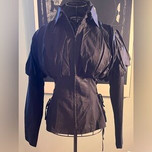 Anne Fontaine Ruched Cotton Puff Sleeves Fitted Top with Corset Sides and Zipper